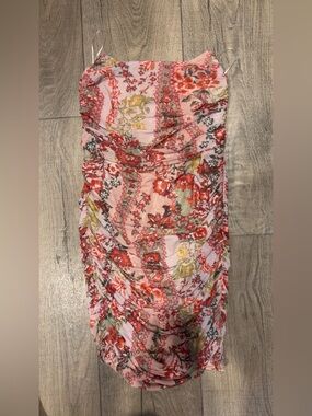 NWOT: Sky to Moon: Floral Ruched Strapless Dress in Pink & Red: Size Medium